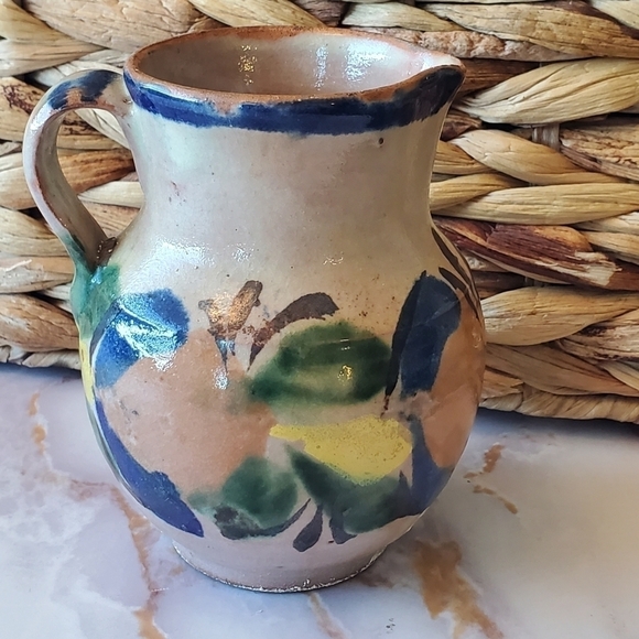 Small Redware Pitcher Creamer Mexico Beige Floral Multicolor. - Picture 3 of 8